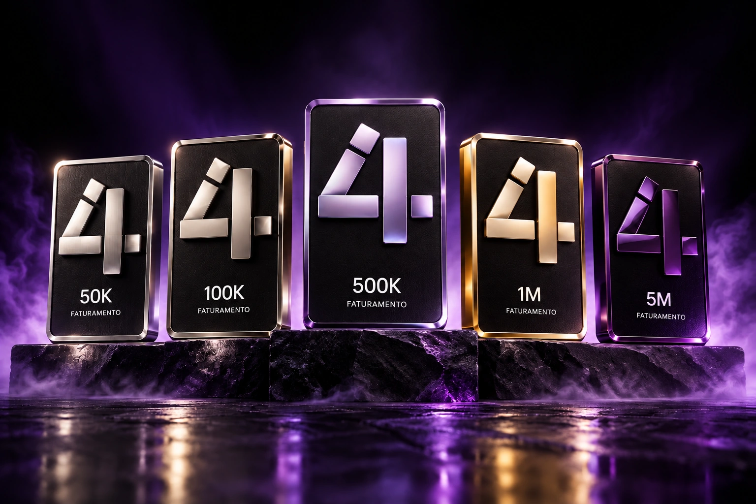 Coleção de cinco placas I4TPay em prata, platina, violeta, ouro e ametista