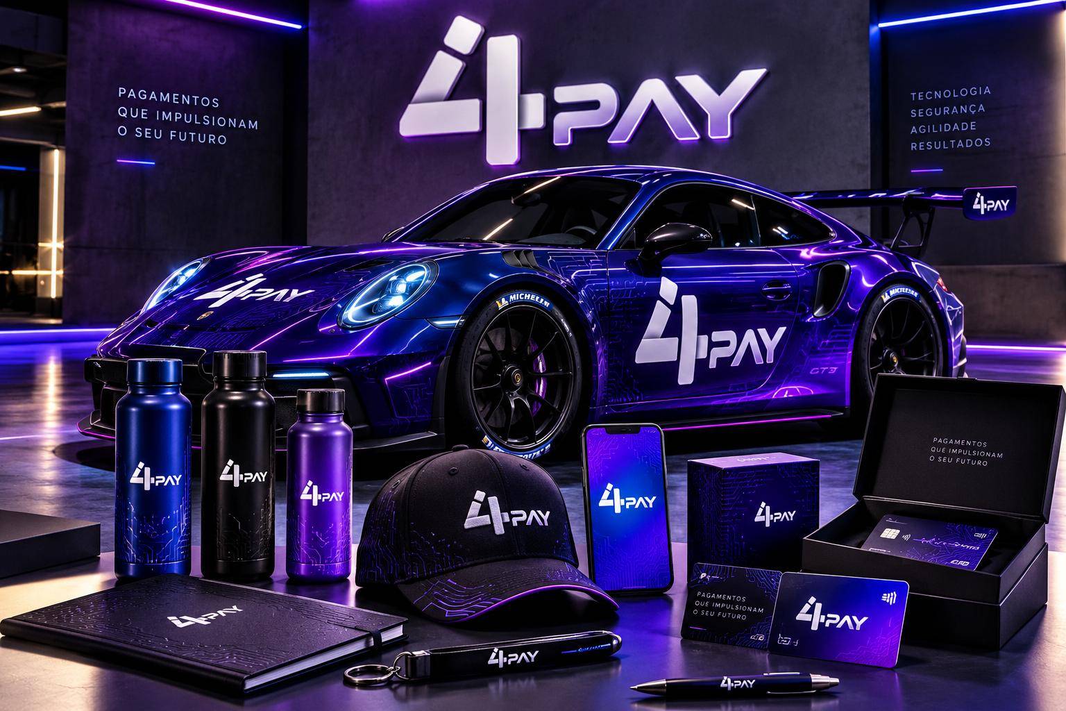 Universo visual I4TPay com carro esportivo azul-violeta e objetos da marca